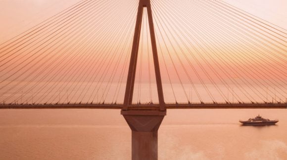 Cable-Stayed bridge glowing in the orange sunlight